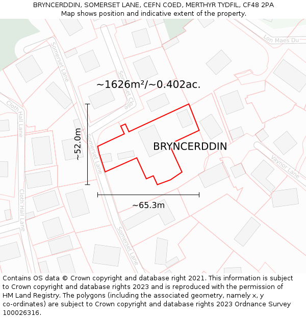 BRYNCERDDIN, SOMERSET LANE, CEFN COED, MERTHYR TYDFIL, CF48 2PA: Plot and title map