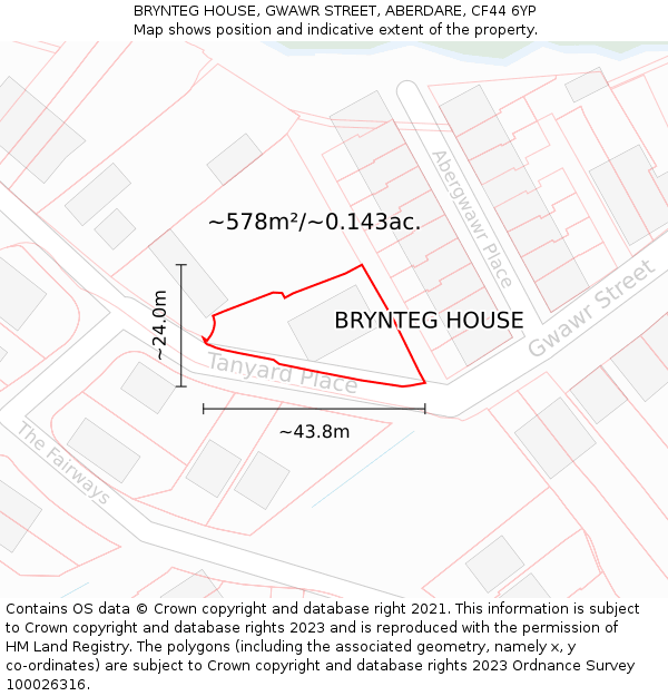 BRYNTEG HOUSE, GWAWR STREET, ABERDARE, CF44 6YP: Plot and title map