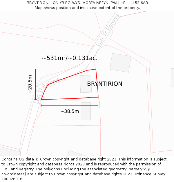 BRYNTIRION, LON YR EGLWYS, MORFA NEFYN, PWLLHELI, LL53 6AR: Plot and title map