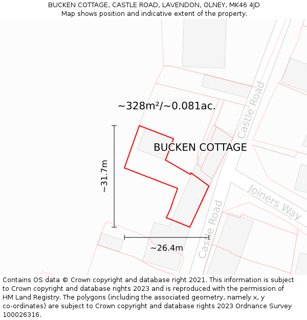 BUCKEN COTTAGE, CASTLE ROAD, LAVENDON, OLNEY, MK46 4JD: Plot and title map