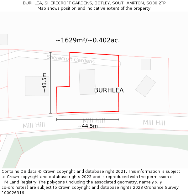 BURHLEA, SHERECROFT GARDENS, BOTLEY, SOUTHAMPTON, SO30 2TP: Plot and title map