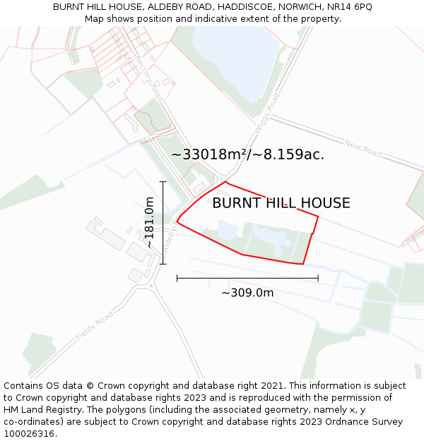 BURNT HILL HOUSE, ALDEBY ROAD, HADDISCOE, NORWICH, NR14 6PQ: Plot and title map