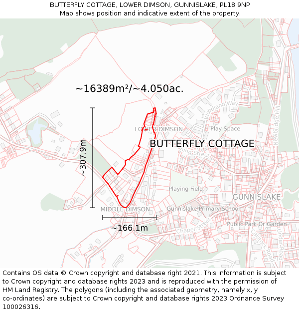 BUTTERFLY COTTAGE, LOWER DIMSON, GUNNISLAKE, PL18 9NP: Plot and title map