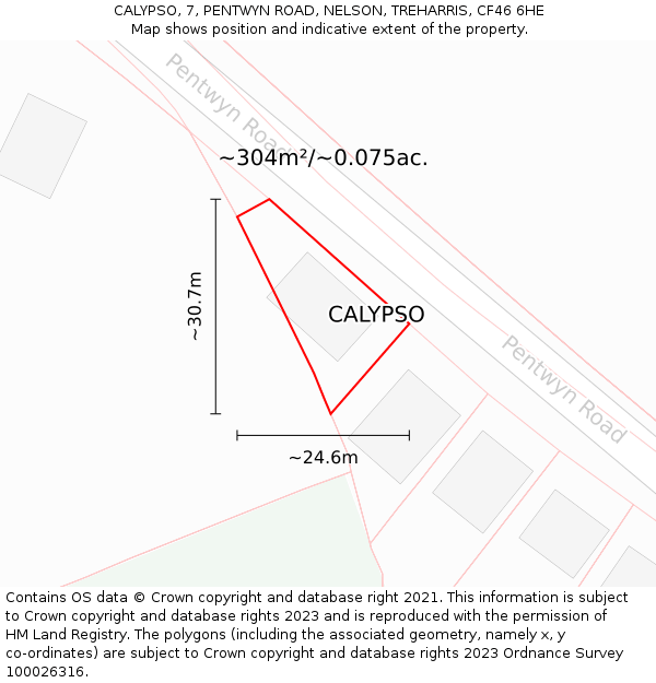 CALYPSO, 7, PENTWYN ROAD, NELSON, TREHARRIS, CF46 6HE: Plot and title map