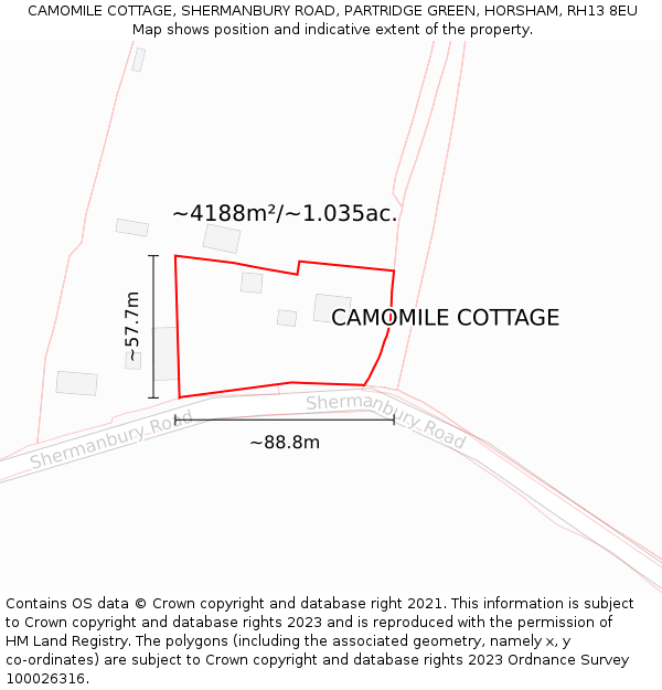 CAMOMILE COTTAGE, SHERMANBURY ROAD, PARTRIDGE GREEN, HORSHAM, RH13 8EU: Plot and title map