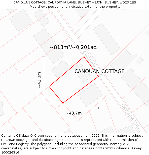 CANOUAN COTTAGE, CALIFORNIA LANE, BUSHEY HEATH, BUSHEY, WD23 1ES: Plot and title map