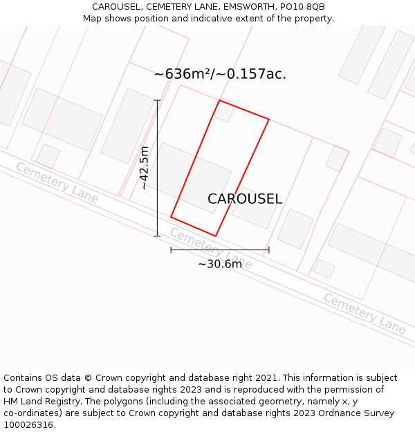 CAROUSEL, CEMETERY LANE, EMSWORTH, PO10 8QB: Plot and title map