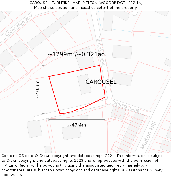 CAROUSEL, TURNPIKE LANE, MELTON, WOODBRIDGE, IP12 1NJ: Plot and title map