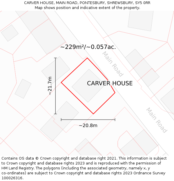 CARVER HOUSE, MAIN ROAD, PONTESBURY, SHREWSBURY, SY5 0RR: Plot and title map