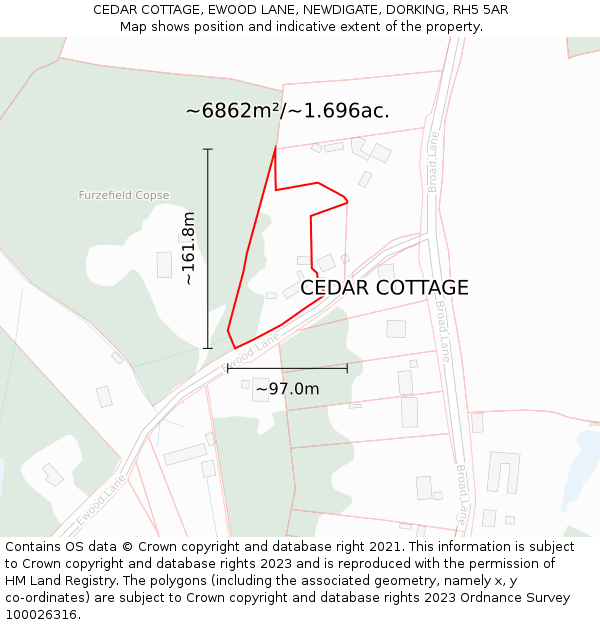 CEDAR COTTAGE, EWOOD LANE, NEWDIGATE, DORKING, RH5 5AR: Plot and title map