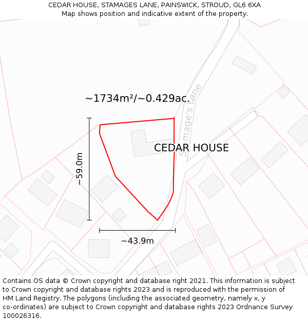 CEDAR HOUSE, STAMAGES LANE, PAINSWICK, STROUD, GL6 6XA: Plot and title map