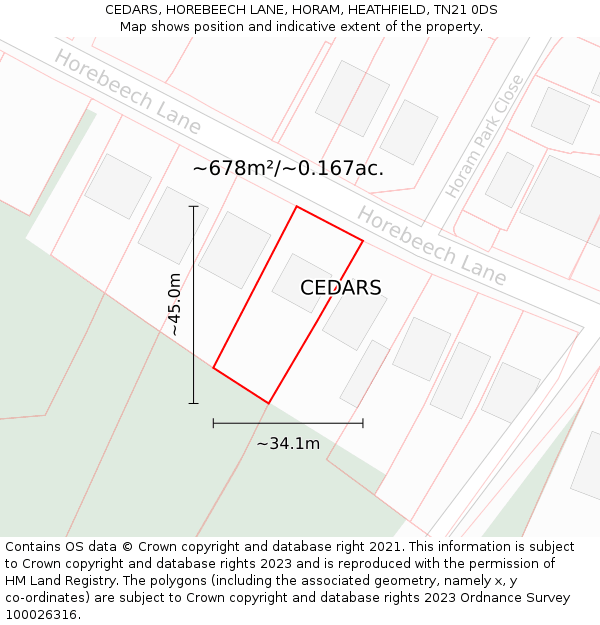 CEDARS, HOREBEECH LANE, HORAM, HEATHFIELD, TN21 0DS: Plot and title map