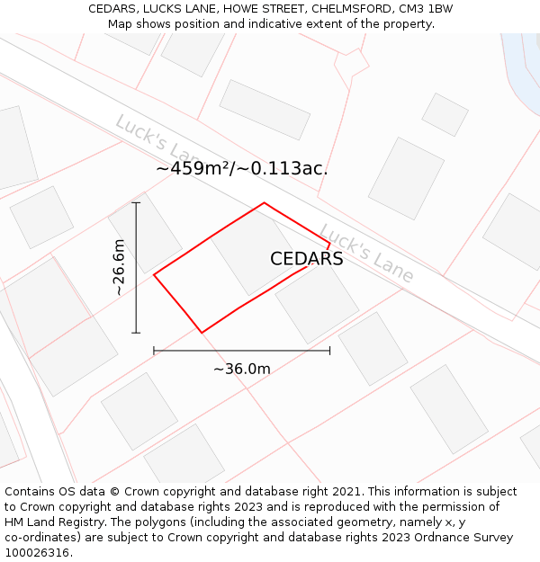 CEDARS, LUCKS LANE, HOWE STREET, CHELMSFORD, CM3 1BW: Plot and title map