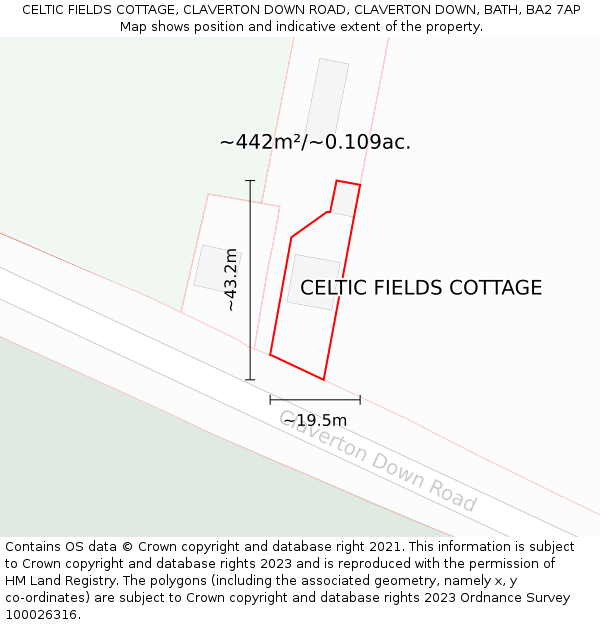 CELTIC FIELDS COTTAGE, CLAVERTON DOWN ROAD, CLAVERTON DOWN, BATH, BA2 7AP: Plot and title map