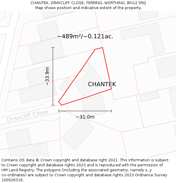 CHANTEK, DRAYCLIFF CLOSE, FERRING, WORTHING, BN12 5RQ: Plot and title map