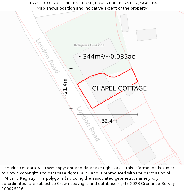 CHAPEL COTTAGE, PIPERS CLOSE, FOWLMERE, ROYSTON, SG8 7RX: Plot and title map