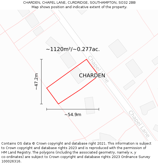 CHARDEN, CHAPEL LANE, CURDRIDGE, SOUTHAMPTON, SO32 2BB: Plot and title map