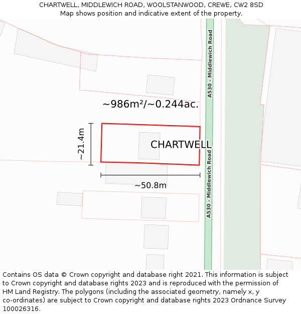 CHARTWELL, MIDDLEWICH ROAD, WOOLSTANWOOD, CREWE, CW2 8SD: Plot and title map