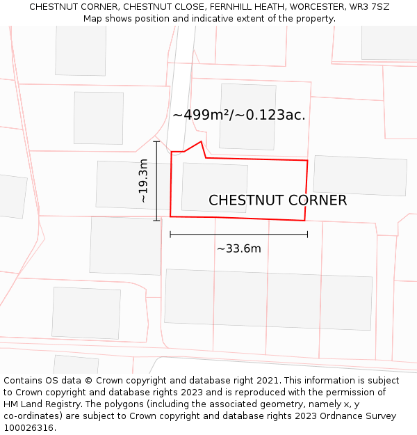 CHESTNUT CORNER, CHESTNUT CLOSE, FERNHILL HEATH, WORCESTER, WR3 7SZ: Plot and title map