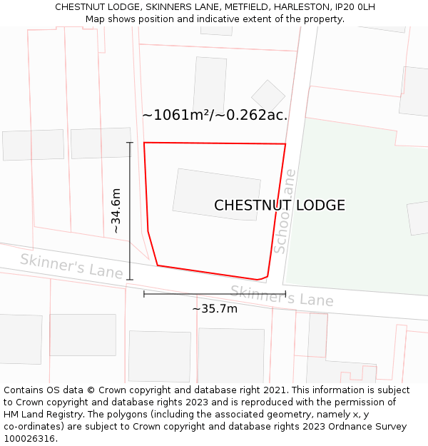 CHESTNUT LODGE, SKINNERS LANE, METFIELD, HARLESTON, IP20 0LH: Plot and title map