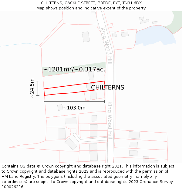 CHILTERNS, CACKLE STREET, BREDE, RYE, TN31 6DX: Plot and title map