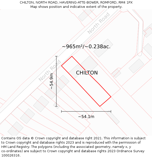 CHILTON, NORTH ROAD, HAVERING-ATTE-BOWER, ROMFORD, RM4 1PX: Plot and title map