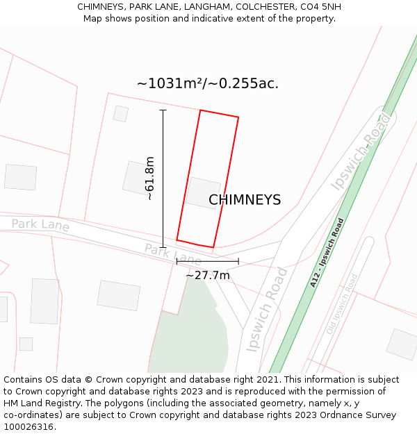 CHIMNEYS, PARK LANE, LANGHAM, COLCHESTER, CO4 5NH: Plot and title map