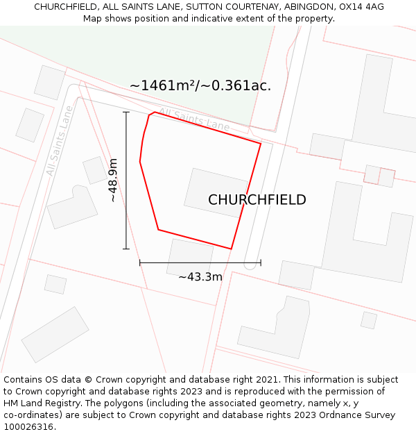 CHURCHFIELD, ALL SAINTS LANE, SUTTON COURTENAY, ABINGDON, OX14 4AG: Plot and title map