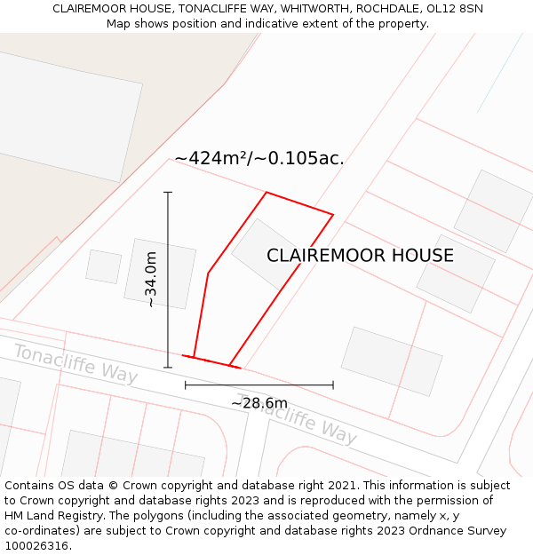 CLAIREMOOR HOUSE, TONACLIFFE WAY, WHITWORTH, ROCHDALE, OL12 8SN: Plot and title map