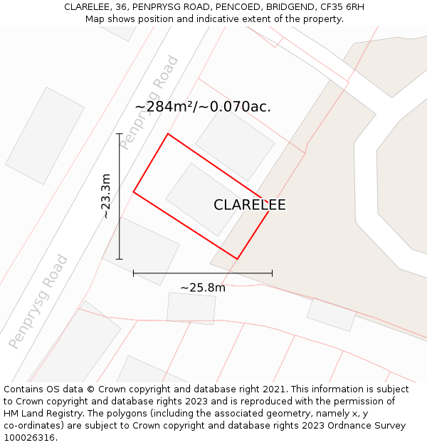 CLARELEE, 36, PENPRYSG ROAD, PENCOED, BRIDGEND, CF35 6RH: Plot and title map