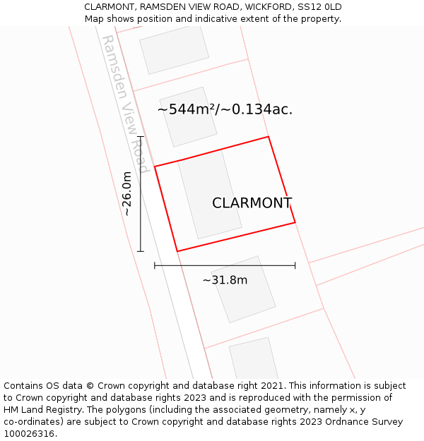 CLARMONT, RAMSDEN VIEW ROAD, WICKFORD, SS12 0LD: Plot and title map