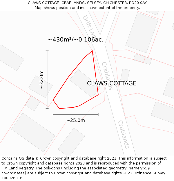 CLAWS COTTAGE, CRABLANDS, SELSEY, CHICHESTER, PO20 9AY: Plot and title map