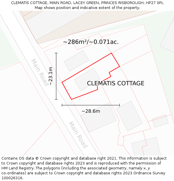 CLEMATIS COTTAGE, MAIN ROAD, LACEY GREEN, PRINCES RISBOROUGH, HP27 0PL: Plot and title map