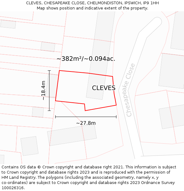 CLEVES, CHESAPEAKE CLOSE, CHELMONDISTON, IPSWICH, IP9 1HH: Plot and title map