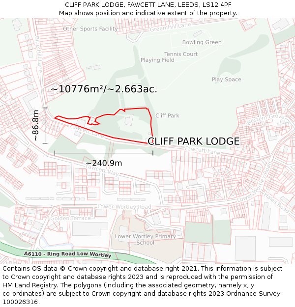 CLIFF PARK LODGE, FAWCETT LANE, LEEDS, LS12 4PF: Plot and title map