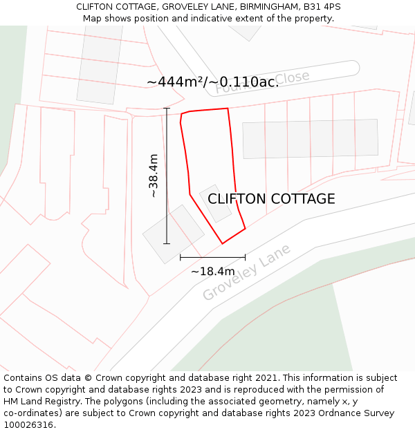 CLIFTON COTTAGE, GROVELEY LANE, BIRMINGHAM, B31 4PS: Plot and title map