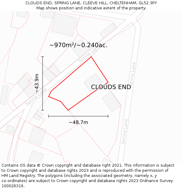 CLOUDS END, SPRING LANE, CLEEVE HILL, CHELTENHAM, GL52 3PY: Plot and title map