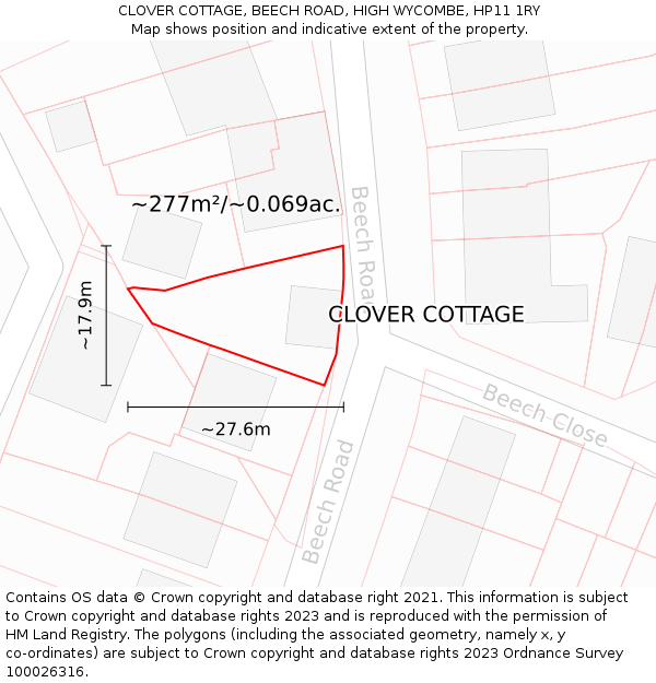 CLOVER COTTAGE, BEECH ROAD, HIGH WYCOMBE, HP11 1RY: Plot and title map