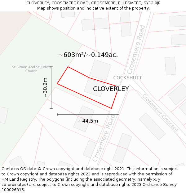 CLOVERLEY, CROSEMERE ROAD, CROSEMERE, ELLESMERE, SY12 0JP: Plot and title map