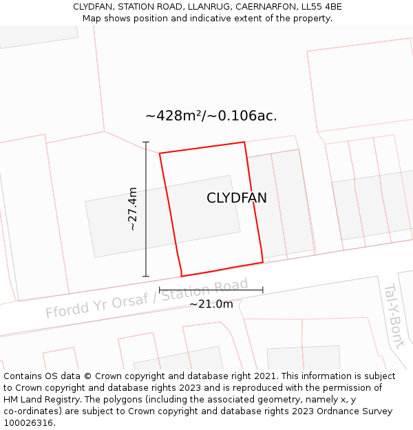 CLYDFAN, STATION ROAD, LLANRUG, CAERNARFON, LL55 4BE: Plot and title map