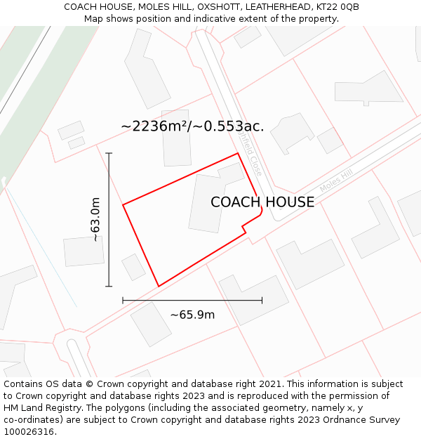 COACH HOUSE, MOLES HILL, OXSHOTT, LEATHERHEAD, KT22 0QB: Plot and title map