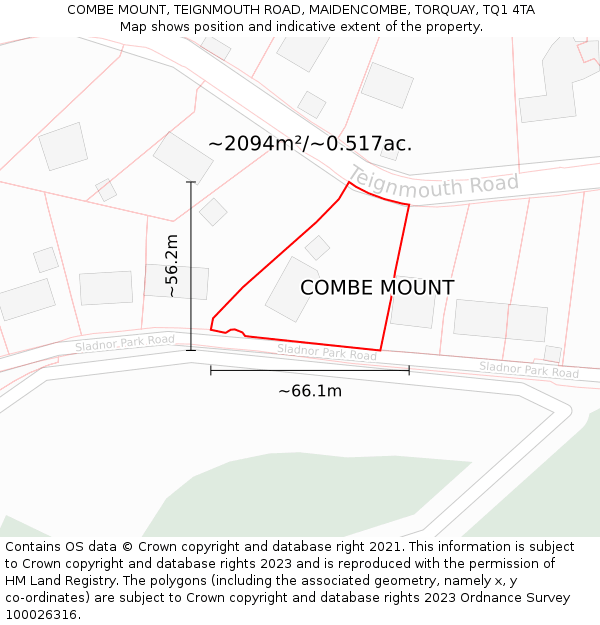 COMBE MOUNT, TEIGNMOUTH ROAD, MAIDENCOMBE, TORQUAY, TQ1 4TA: Plot and title map