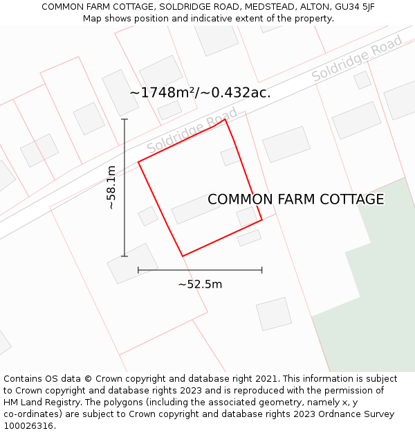 COMMON FARM COTTAGE, SOLDRIDGE ROAD, MEDSTEAD, ALTON, GU34 5JF: Plot and title map