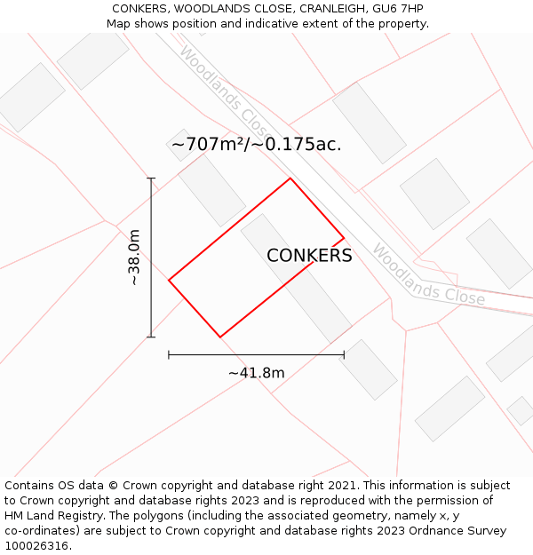 CONKERS, WOODLANDS CLOSE, CRANLEIGH, GU6 7HP: Plot and title map