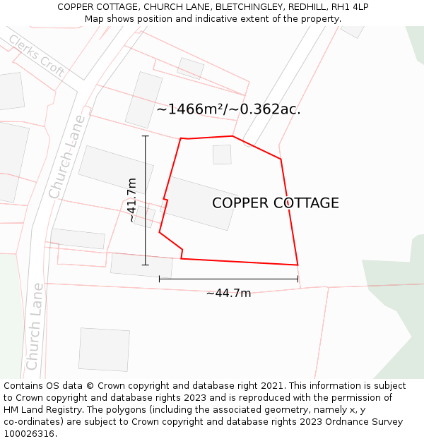 COPPER COTTAGE, CHURCH LANE, BLETCHINGLEY, REDHILL, RH1 4LP: Plot and title map