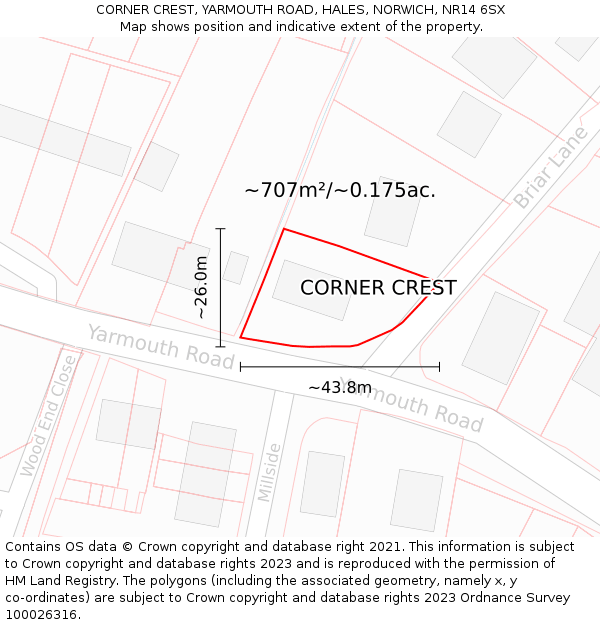 CORNER CREST, YARMOUTH ROAD, HALES, NORWICH, NR14 6SX: Plot and title map