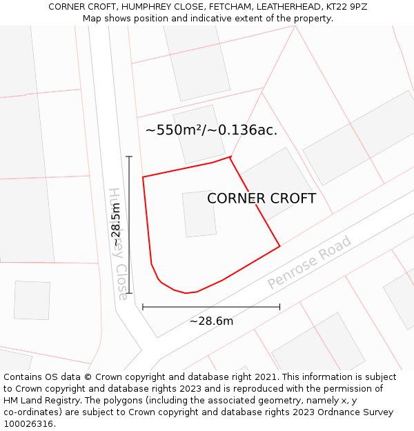 CORNER CROFT, HUMPHREY CLOSE, FETCHAM, LEATHERHEAD, KT22 9PZ: Plot and title map