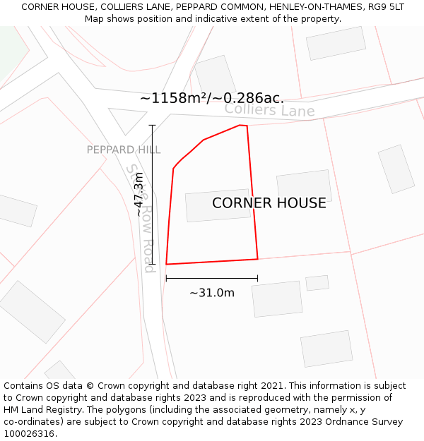 CORNER HOUSE, COLLIERS LANE, PEPPARD COMMON, HENLEY-ON-THAMES, RG9 5LT: Plot and title map