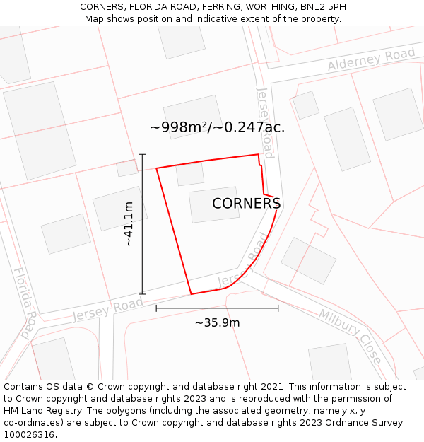 CORNERS, FLORIDA ROAD, FERRING, WORTHING, BN12 5PH: Plot and title map