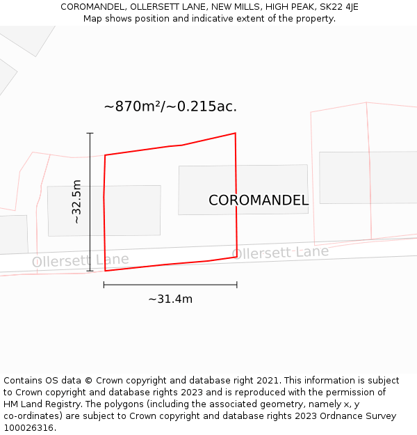 COROMANDEL, OLLERSETT LANE, NEW MILLS, HIGH PEAK, SK22 4JE: Plot and title map